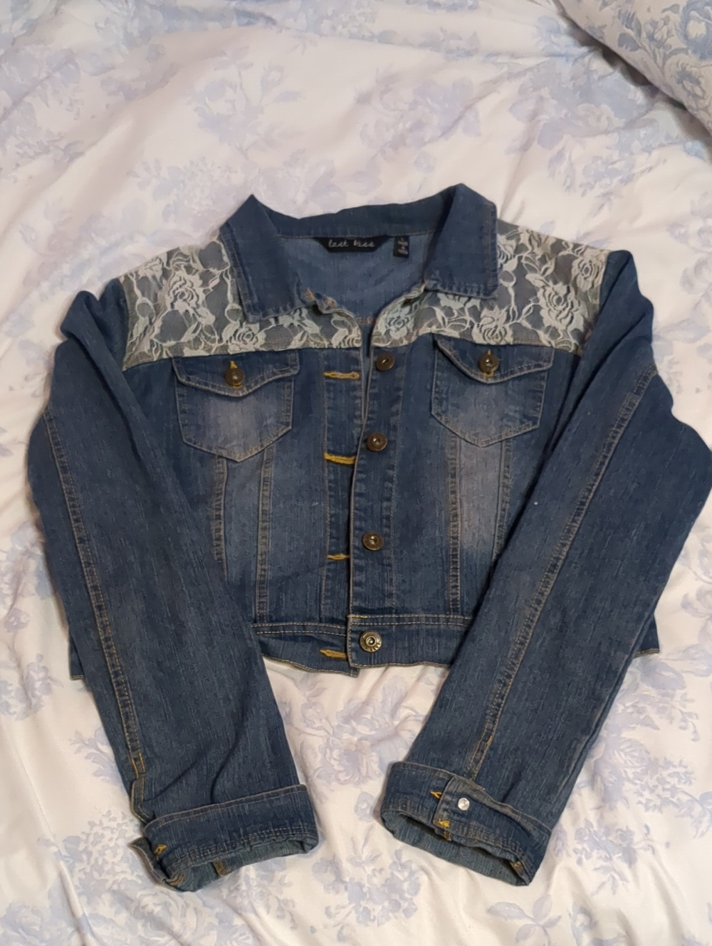 last kiss Blue Denim Jacket with White Lace Yoke